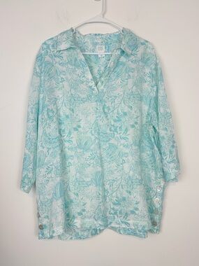 Sigrid Olsen Blue/Aqua Floral 100% Linen 3/4  Sleeve. Popover Tunic Top Size 1X